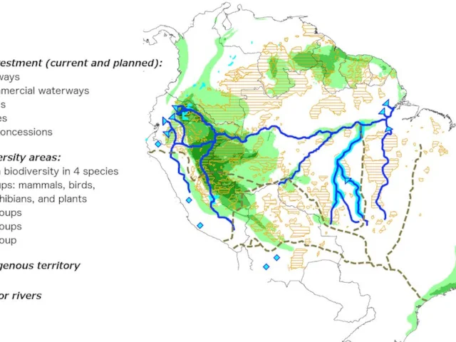 A map of northern South America showing areas of high biodiversity, indigenous territories and projects proposed for Chinese investment. Image: Ray <em>et al</em>, 2015. A map of northern South America showing areas of high biodiversity, indigenous territories and projects proposed for Chinese investment. Image: Ray <em>et al</em>, 2015.