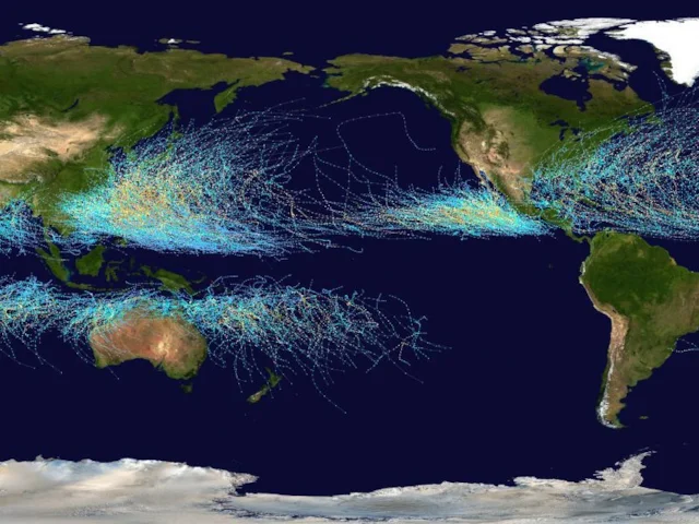 A map showing the tracks of all tropical cyclones (aka hurricanes) worldwide from 1985 to 2005. Image: Nilfanion (commons.wikimedia.org). A map showing the tracks of all tropical cyclones (aka hurricanes) worldwide from 1985 to 2005. Image: Nilfanion (commons.wikimedia.org).