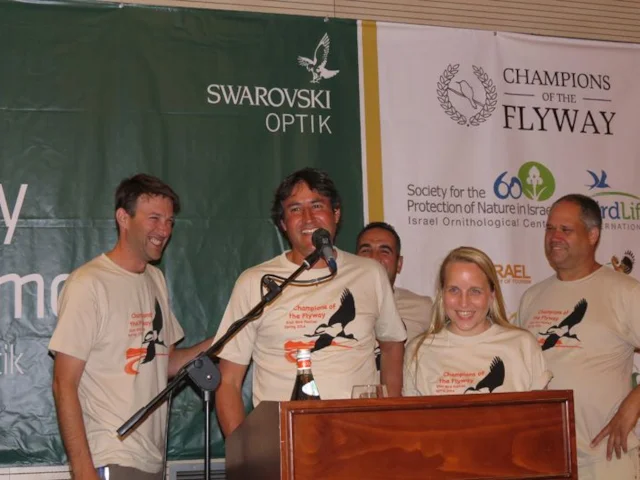 Champions of the Flyway event organisers Jonathan Meyrav (left) and Dan Alon (right) congratulate overall winners the Palestinian Sunbirders. Photo: Dominic Mitchell. Champions of the Flyway event organisers Jonathan Meyrav (left) and Dan Alon (right) congratulate overall winners the Palestinian Sunbirders. Photo: Dominic Mitchell.