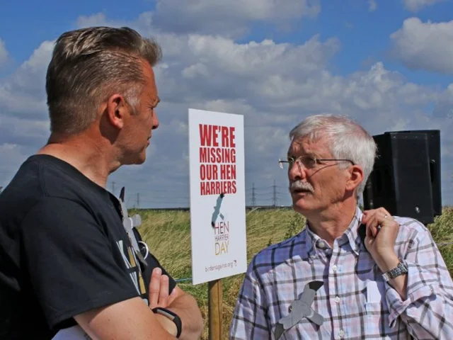 Chris Packham and Mike Clarke confer at the Hen harrier Day 2016 event at Rainham Marshes RSPB. Photo: Dominic Mitchell (www.birdingetc.com). Chris Packham and Mike Clarke confer at the Hen harrier Day 2016 event at Rainham Marshes RSPB. Photo: Dominic Mitchell (www.birdingetc.com).