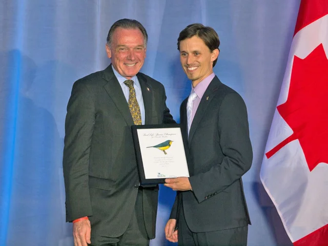 Swarovski Optik’s Head of Marketing, Dale Forbes (right) receiving recognition as BirdLife Species Champion for Canada Warbler from Canadian Environment Minister Peter Kent. Photo: BirdLife International. Swarovski Optik’s Head of Marketing, Dale Forbes (right) receiving recognition as BirdLife Species Champion for Canada Warbler from Canadian Environment Minister Peter Kent. Photo: BirdLife International.