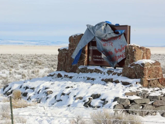 The armed men illegally occupied the refuge, preventing staff from working by intimidation and threats, initially to protest about two ranchers sent to gaol for the arson of federal lands. Photo: NWRA. The armed men illegally occupied the refuge, preventing staff from working by intimidation and threats, initially to protest about two ranchers sent to gaol for the arson of federal lands. Photo: NWRA.