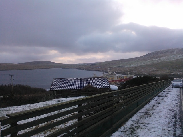 Overlooking Saltoo garden towards Collafirth pier. Overlooking Saltoo garden towards Collafirth pier.
