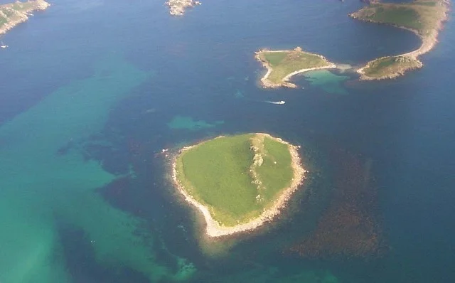 Aerial view on leaving St Mary's. 6 Basking Sharks in total seen from this flight. Aerial view on leaving St Mary's. 6 Basking Sharks in total seen from this flight.